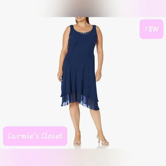 sl fashions women's embellished tiered jacket dress SL Fashion Embellished V-Neck Sleeveless Tiered Sharkbite Hem Solid Chiffon  Dress with Overlay Jacket main image 0